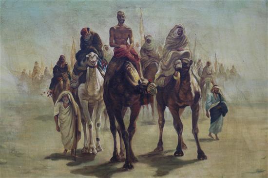 I. El Korvy, oil on canvas, camel train, signed, 48 x 66cm